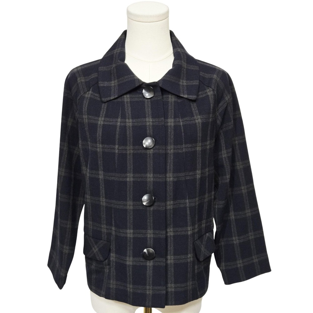 Cabi Connery Jacket Womens Medium Navy Plaid Button Front Collared Pockets 3551